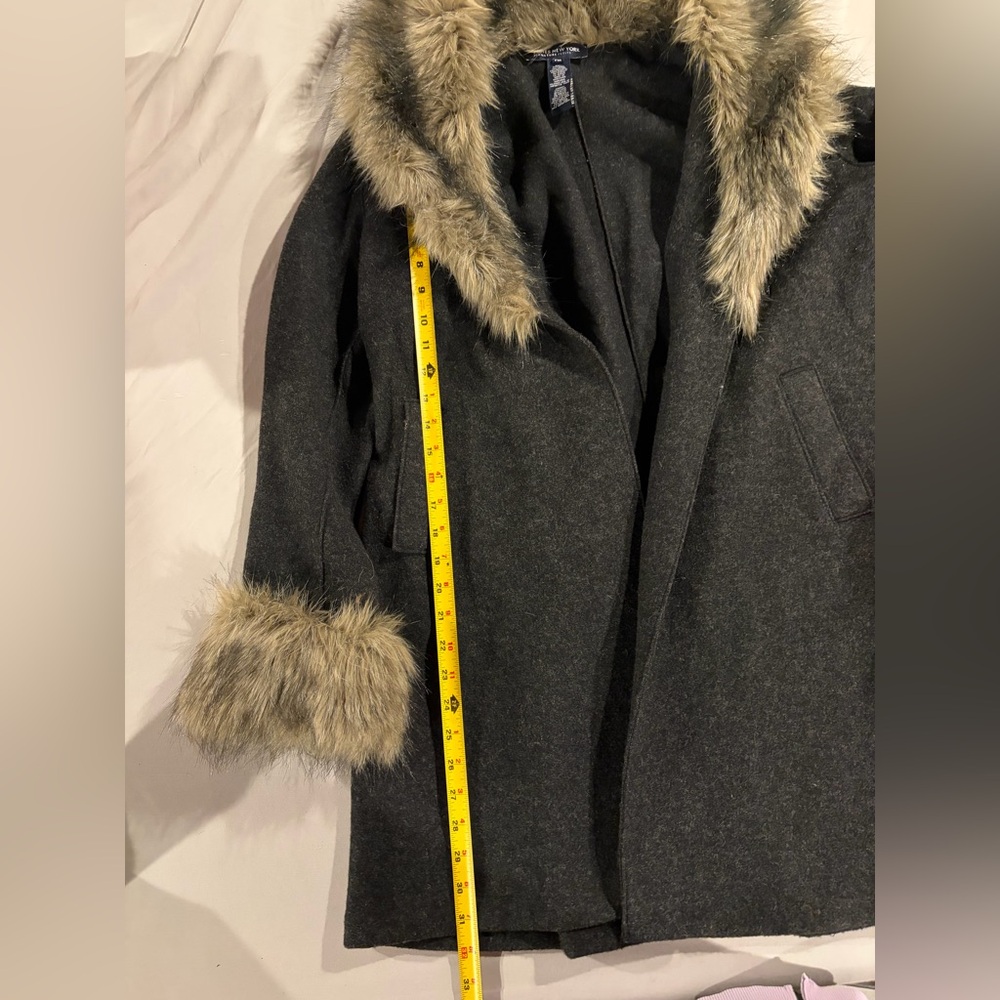 Jones New York Dark Gray Wool Trench Coat with Faux Fur Trim - Picture 2 of 6